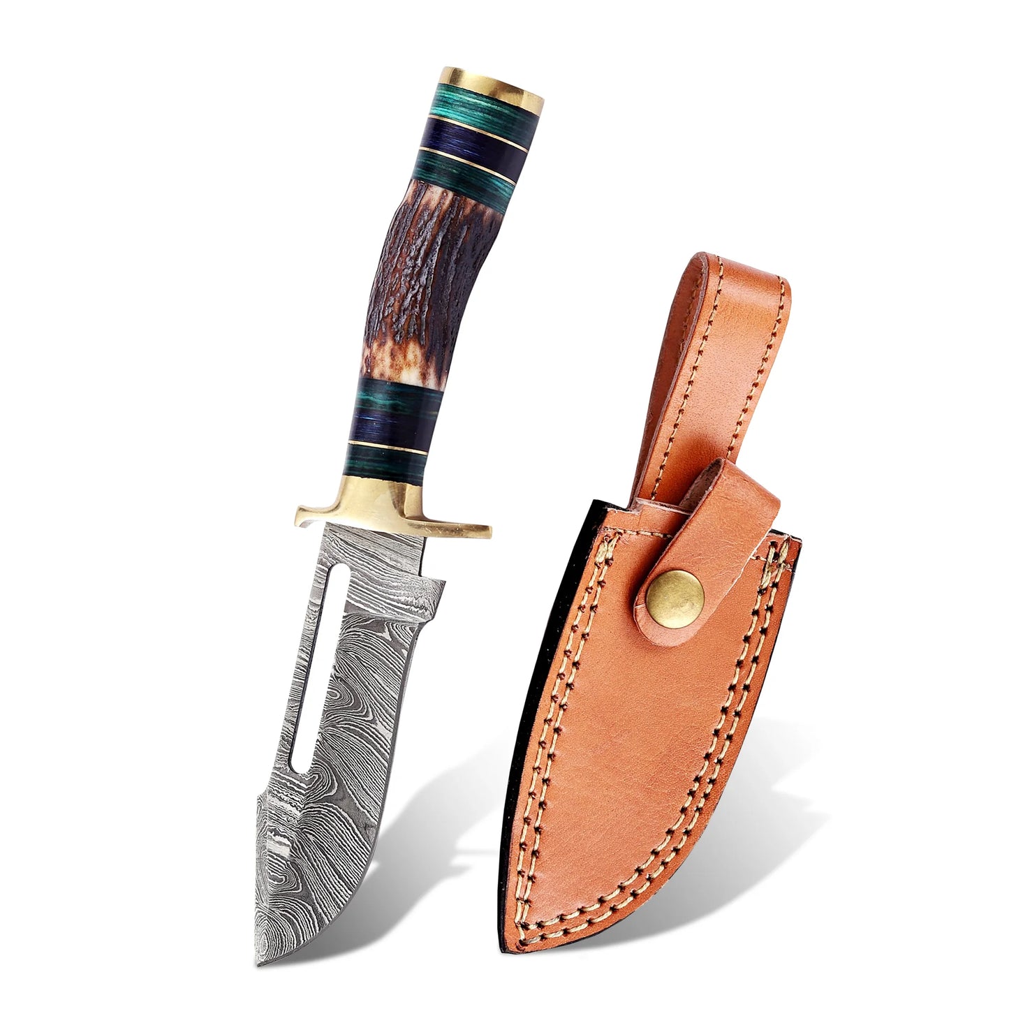 8′ Handmade Damascus Steel Stag Antler & Paka Wood Handle Knife with Leather Sheath | STG-002-GN