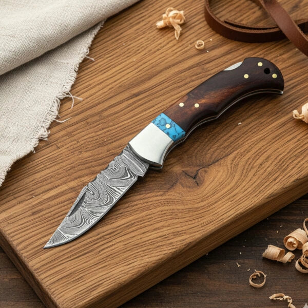 6.5′ Handmade Damascus Steel Pocket Knife with Leather Sheath | WR-001