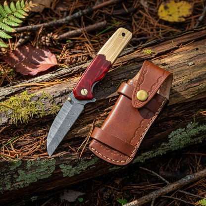 7.5′ Handmade Damascus Steel Olive Wood & Red Resin Handle Pocket Knife with Leather Sheath | BF-07-WR