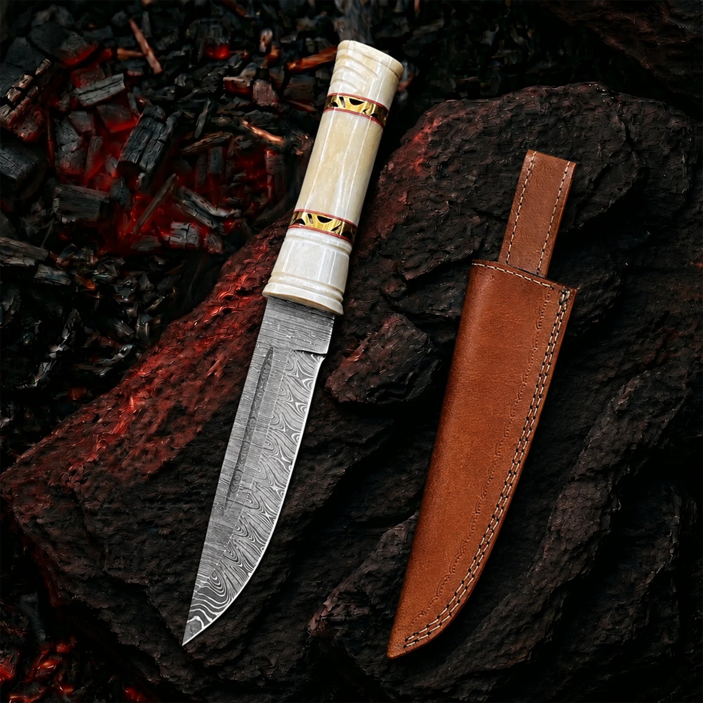 10′ Handmade Damascus Steel Knife with Leather Sheath | BG-001