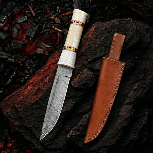 10′ Handmade Damascus Steel Knife with Leather Sheath | BG-001