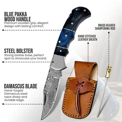 6.5′ Handmade Damascus Pocket knife with Sheath