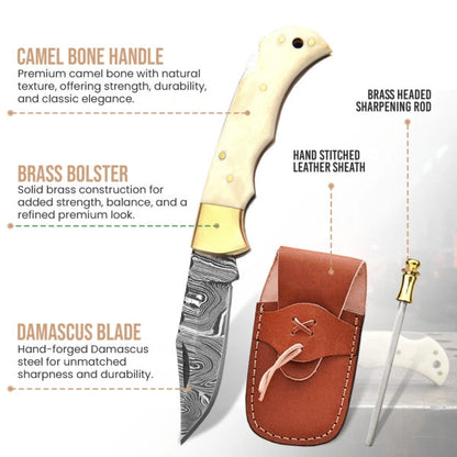 6.5′ Handmade Damascus Steel Pocket Knife with Leather Sheath