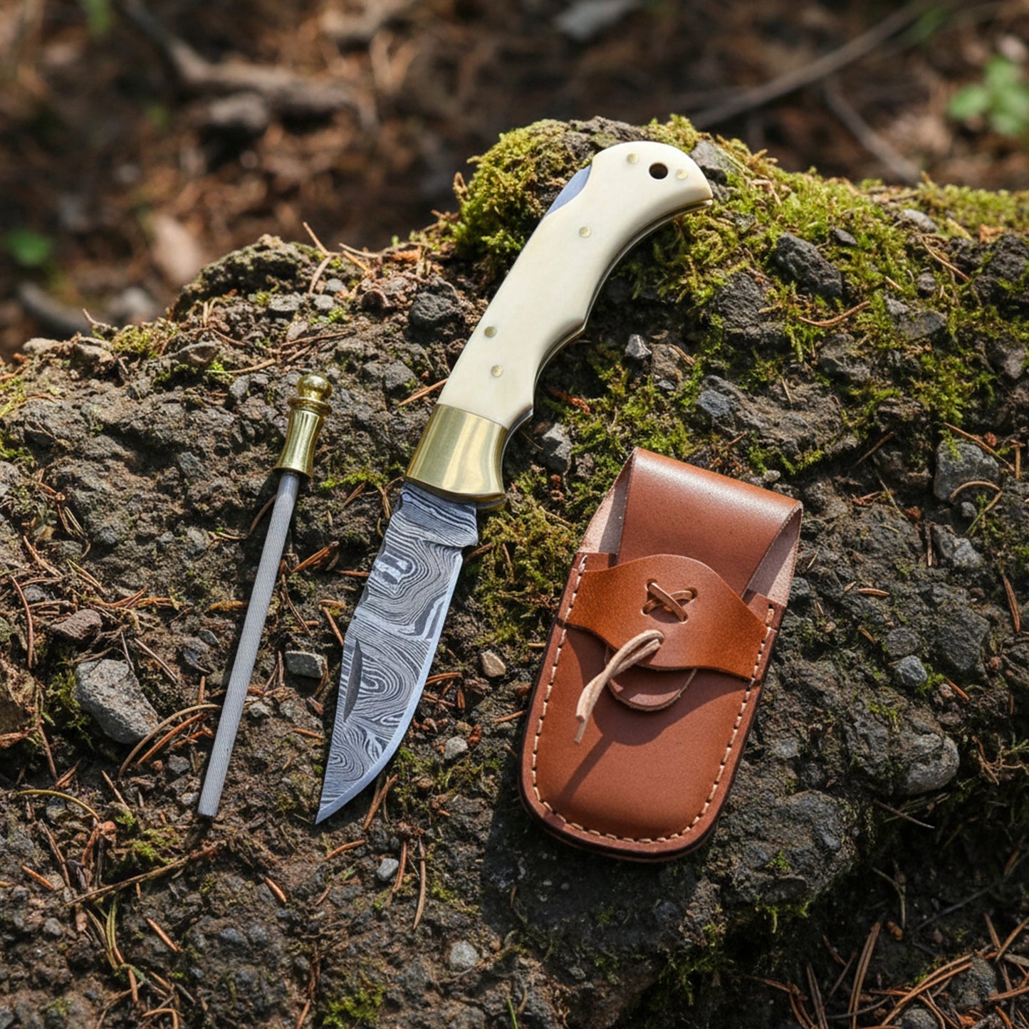 6.5′ Handmade Damascus Steel Pocket Knife with Leather Sheath