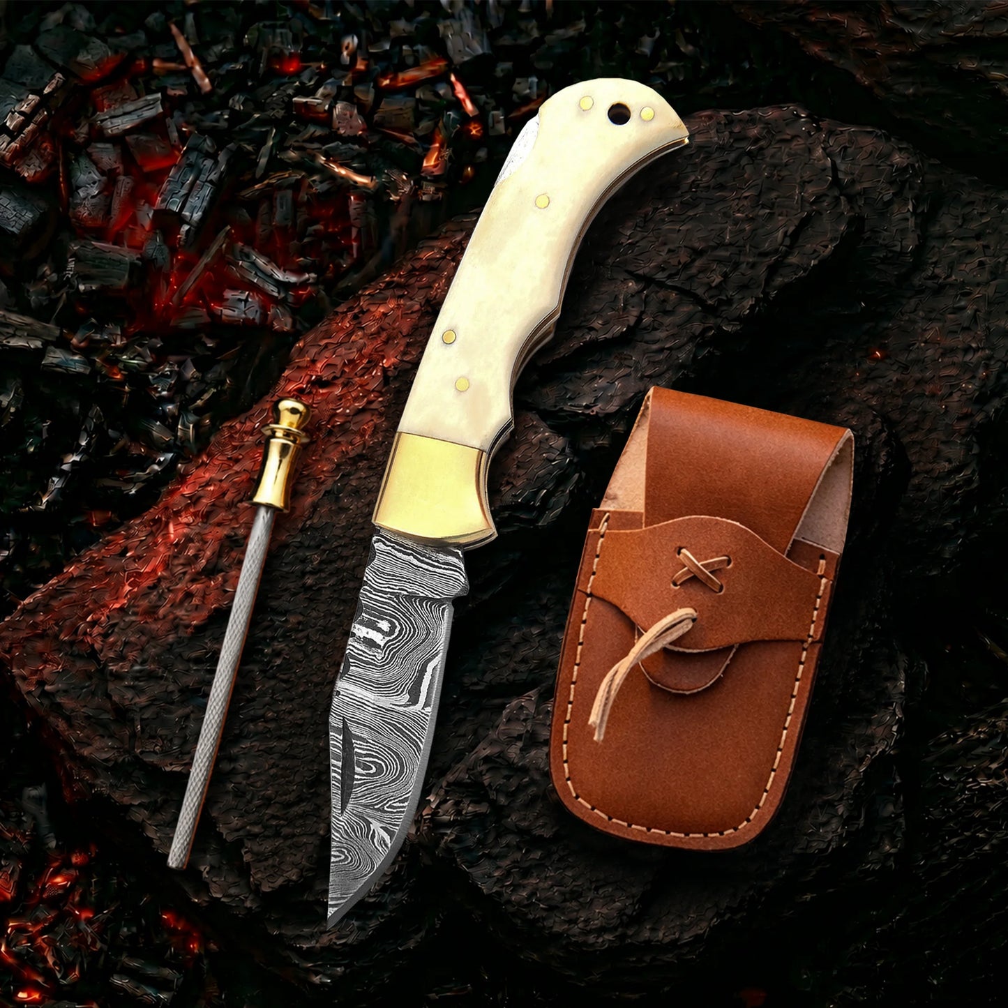 6.5′ Handmade Damascus Steel Pocket Knife with Leather Sheath
