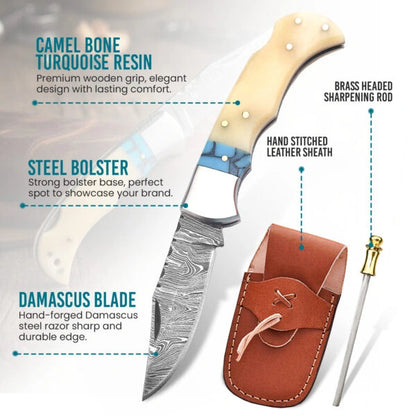 6.5′ Handmade Damascus Steel Pocket Knife with Leather Sheath | BR-001