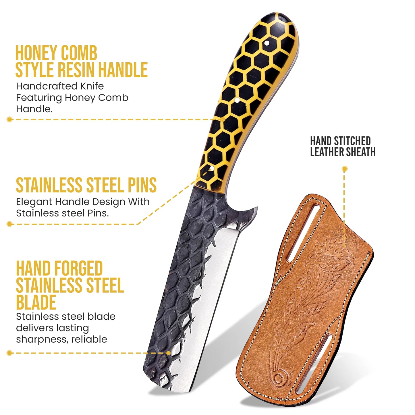 8′ Hand Forged Stainless Steel Honey Comb Resin Handle Knife with Leather Sheath | BULL-001-YL
