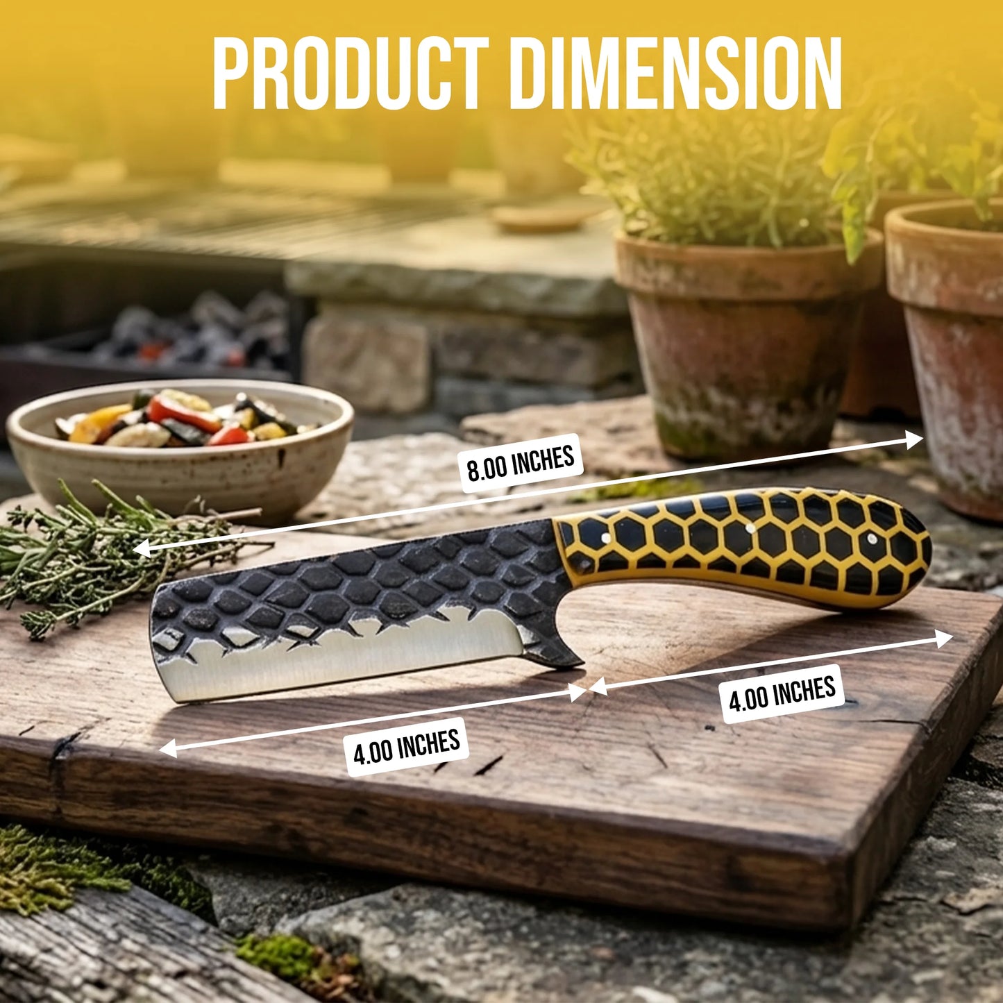 8′ Hand Forged Stainless Steel Honey Comb Resin Handle Knife with Leather Sheath | BULL-001-YL