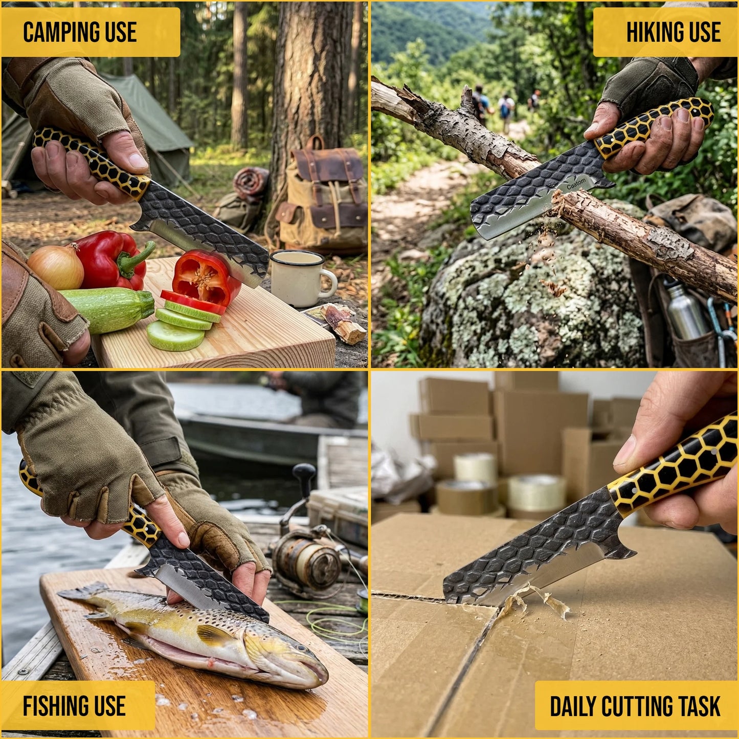 8′ Hand Forged Stainless Steel Honey Comb Resin Handle Knife with Leather Sheath | BULL-001-YL