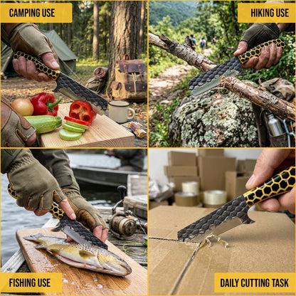 8′ Hand Forged Stainless Steel Honey Comb Resin Handle Knife with Leather Sheath | BULL-001-YL
