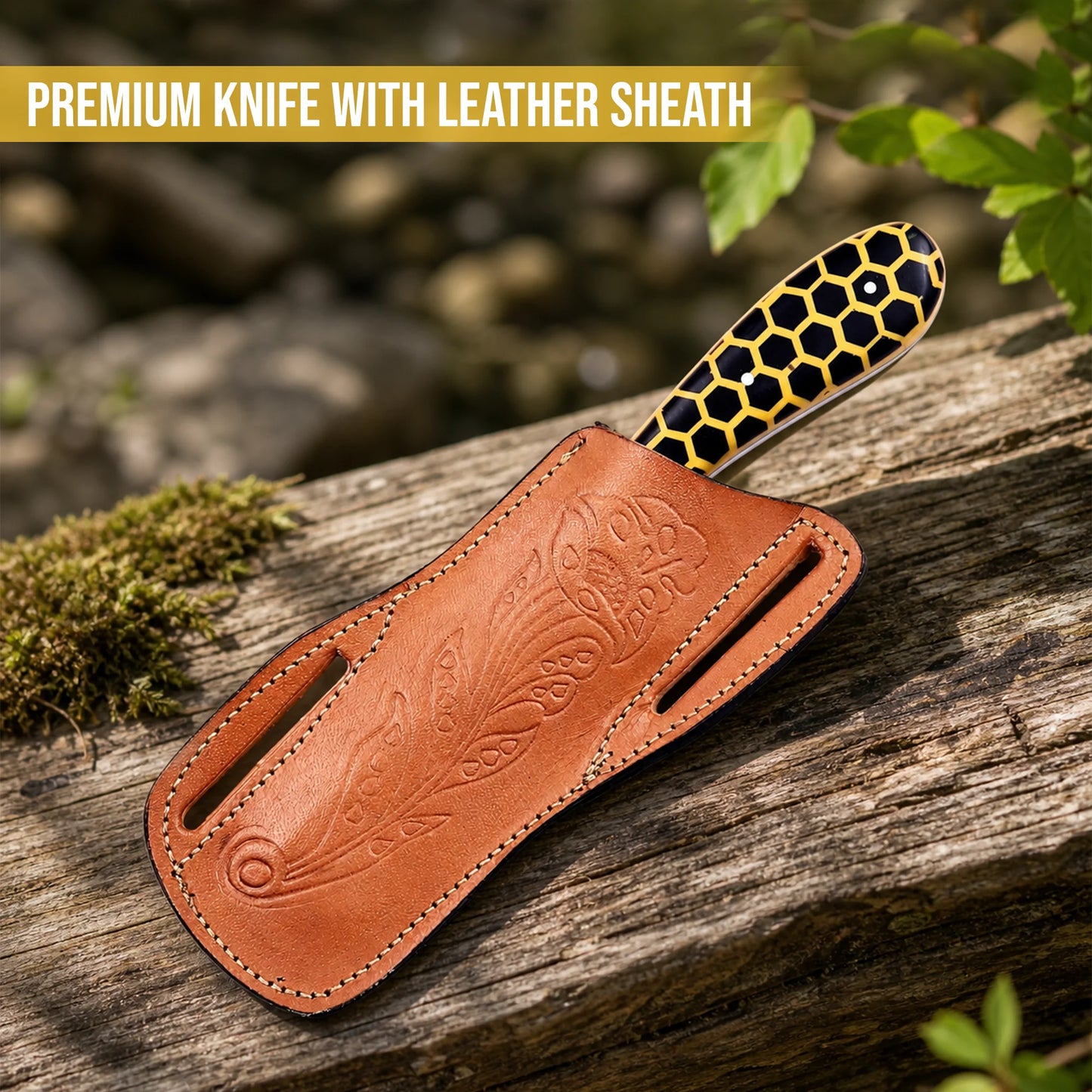 8′ Hand Forged Stainless Steel Honey Comb Resin Handle Knife with Leather Sheath | BULL-001-YL