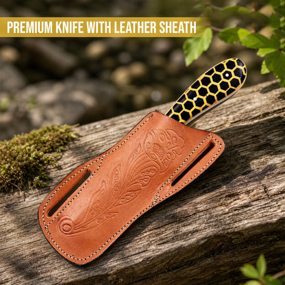 8′ Hand Forged Stainless Steel Honey Comb Resin Handle Knife with Leather Sheath | BULL-001-YL