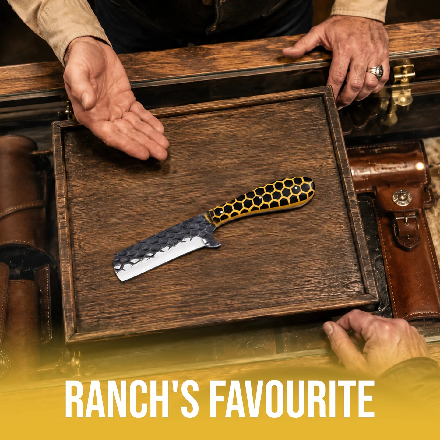 8′ Hand Forged Stainless Steel Honey Comb Resin Handle Knife with Leather Sheath | BULL-001-YL