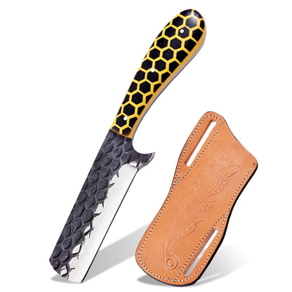 8′ Hand Forged Stainless Steel Honey Comb Resin Handle Knife with Leather Sheath | BULL-001-YL