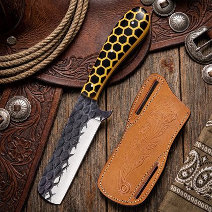 8′ Hand Forged Stainless Steel Honey Comb Resin Handle Knife with Leather Sheath | BULL-001-YL
