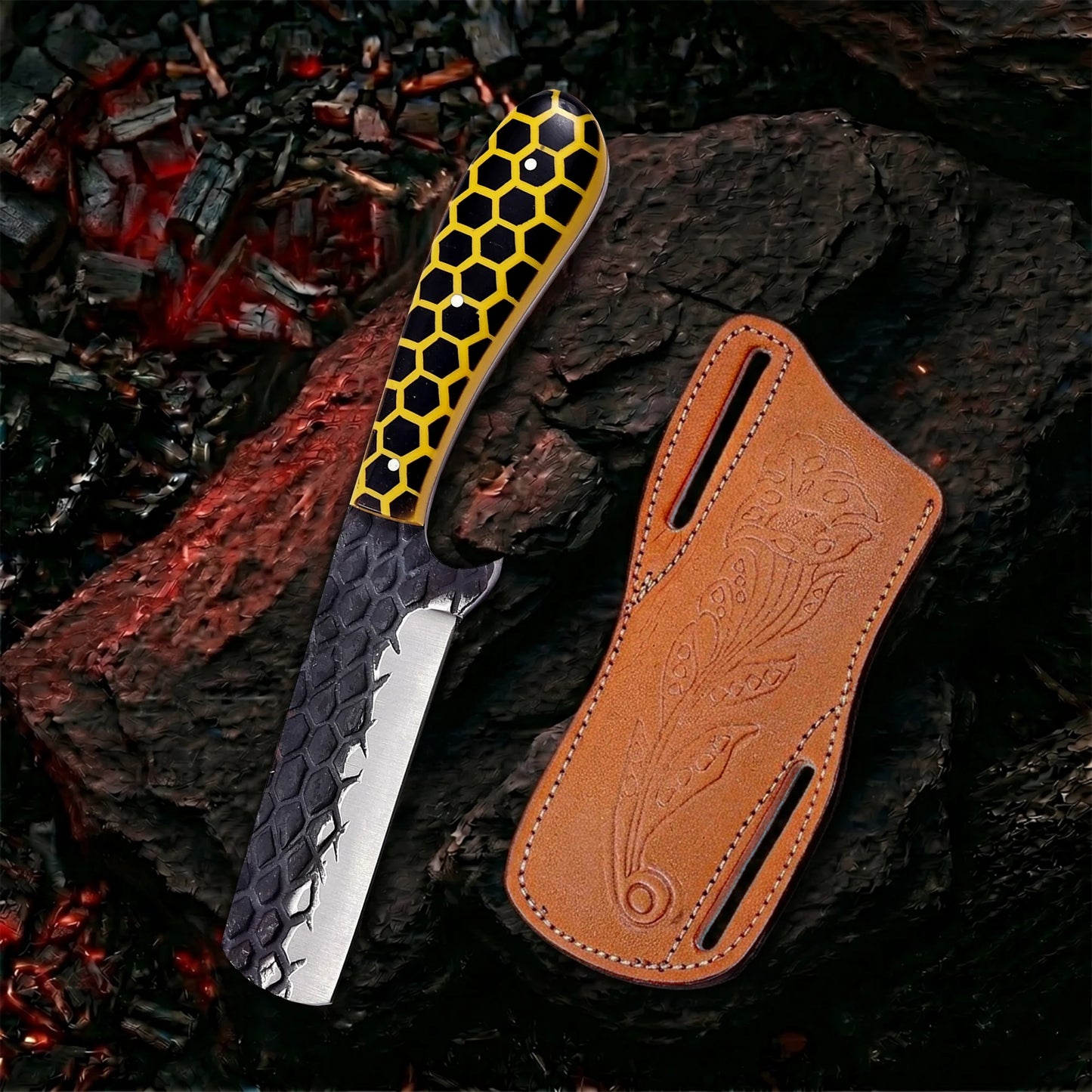 8′ Hand Forged Stainless Steel Honey Comb Resin Handle Knife with Leather Sheath | BULL-001-YL