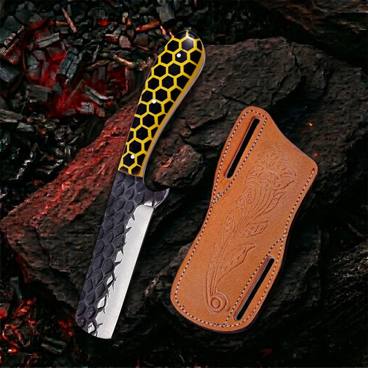 8′ Hand Forged Stainless Steel Honey Comb Resin Handle Knife with Leather Sheath | BULL-001-YL