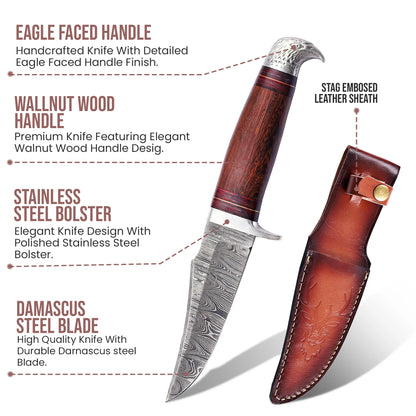 10’Handmade Damascus Steel Patriotic Eagle Walnut Wood Handle Knife with Leather Sheath | BW-001-EG