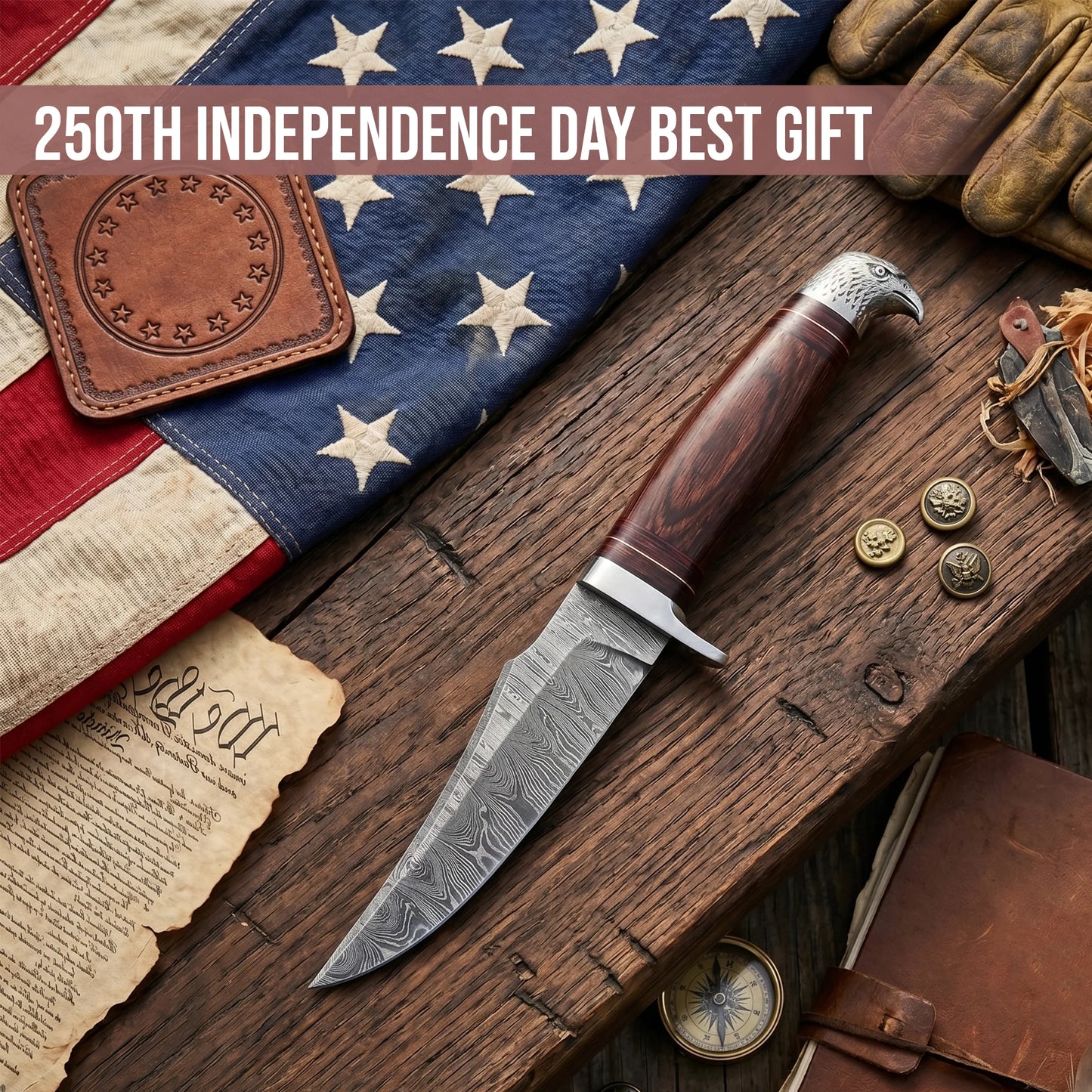 10’Handmade Damascus Steel Patriotic Eagle Walnut Wood Handle Knife with Leather Sheath | BW-001-EG