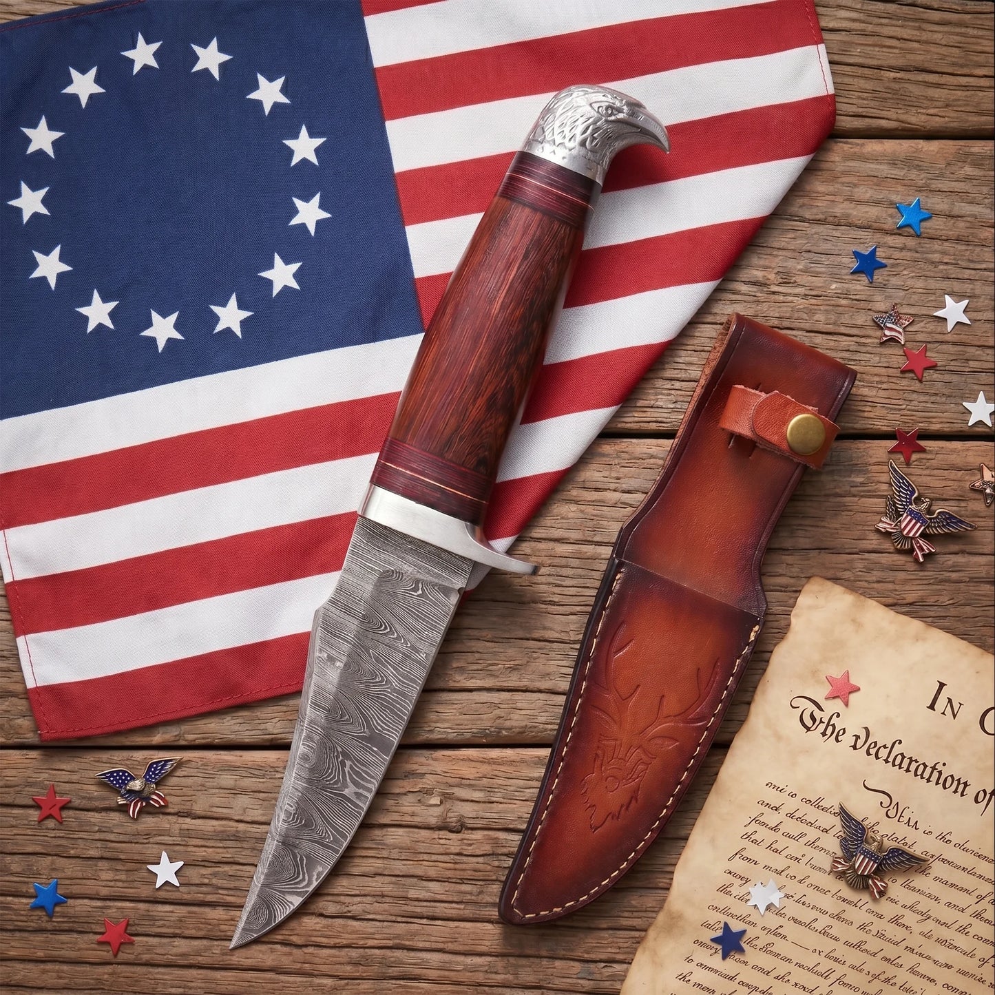 10’Handmade Damascus Steel Patriotic Eagle Walnut Wood Handle Knife with Leather Sheath | BW-001-EG