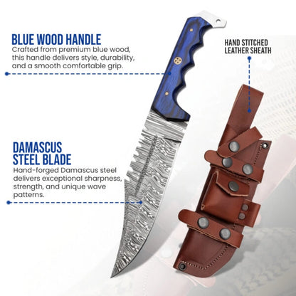 12 inch fixed blade Blue wood handle Bowie knife with leather sheath
