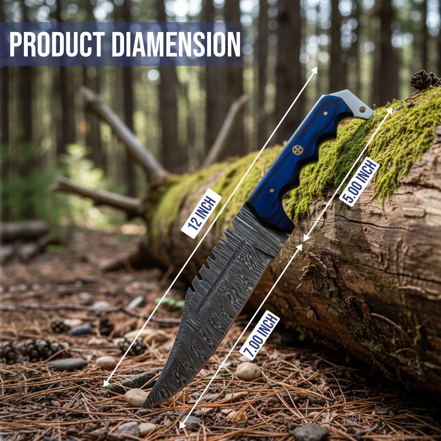 12 inch fixed blade Blue wood handle Bowie knife with leather sheath