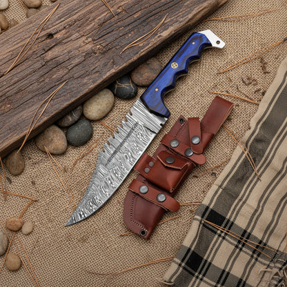 12 inch fixed blade Blue wood handle Bowie knife with leather sheath