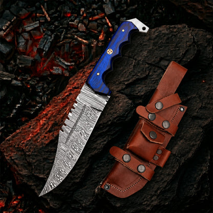 12 inch fixed blade Blue wood handle Bowie knife with leather sheath
