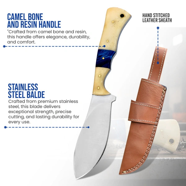 8.5′ Handmade Stainless Steel Camel Bone & Blue Resin Handle Knife with Leather Sheath | CBR-001-SS