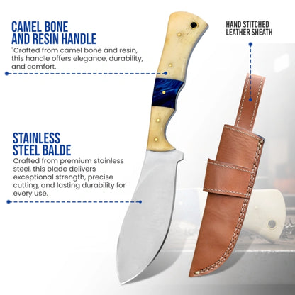 8.5′ Handmade Stainless Steel Camel Bone & Blue Resin Handle Knife with Leather Sheath | CBR-001-SS