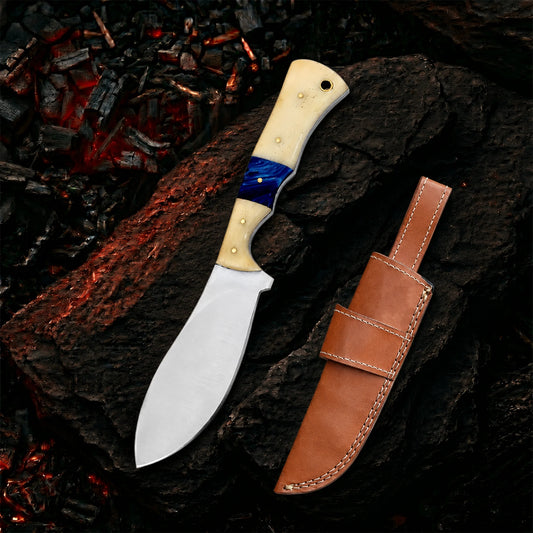 8.5′ Handmade Stainless Steel Camel Bone & Blue Resin Handle Knife with Leather Sheath | CBR-001-SS
