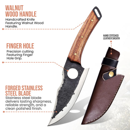 10.8′ Hand Forged Stainless Steel Walnut Wood Handle Kitchen Knife with Leather Sheath | CH-002