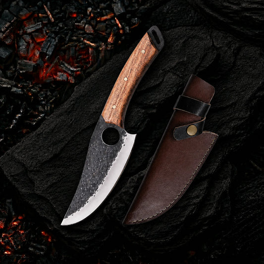 10.8′ Hand Forged Stainless Steel Walnut Wood Handle Kitchen Knife with Leather Sheath | CH-001