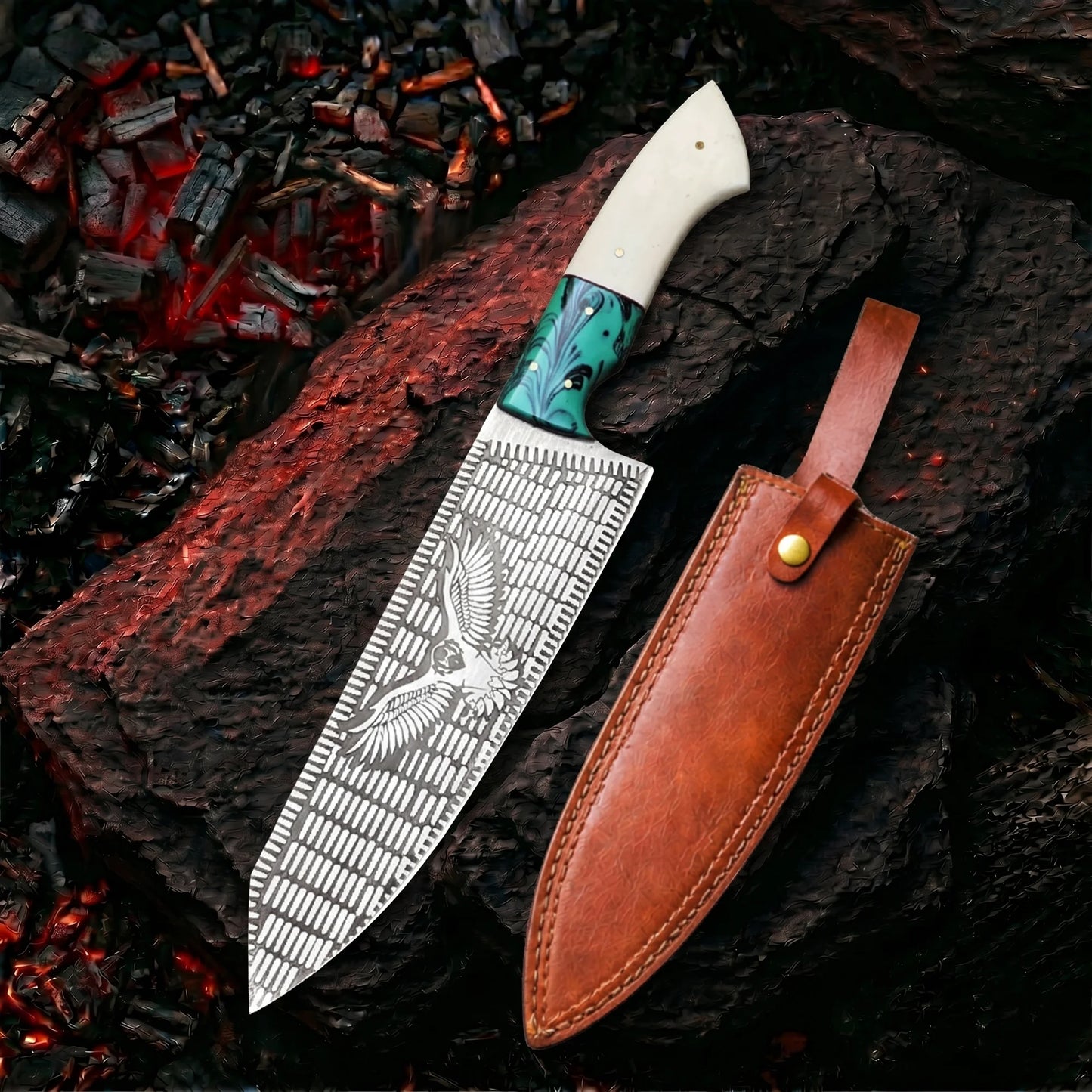 Stainless Steel Eagle Chef Knife With Leather Sheath | CHEF-001