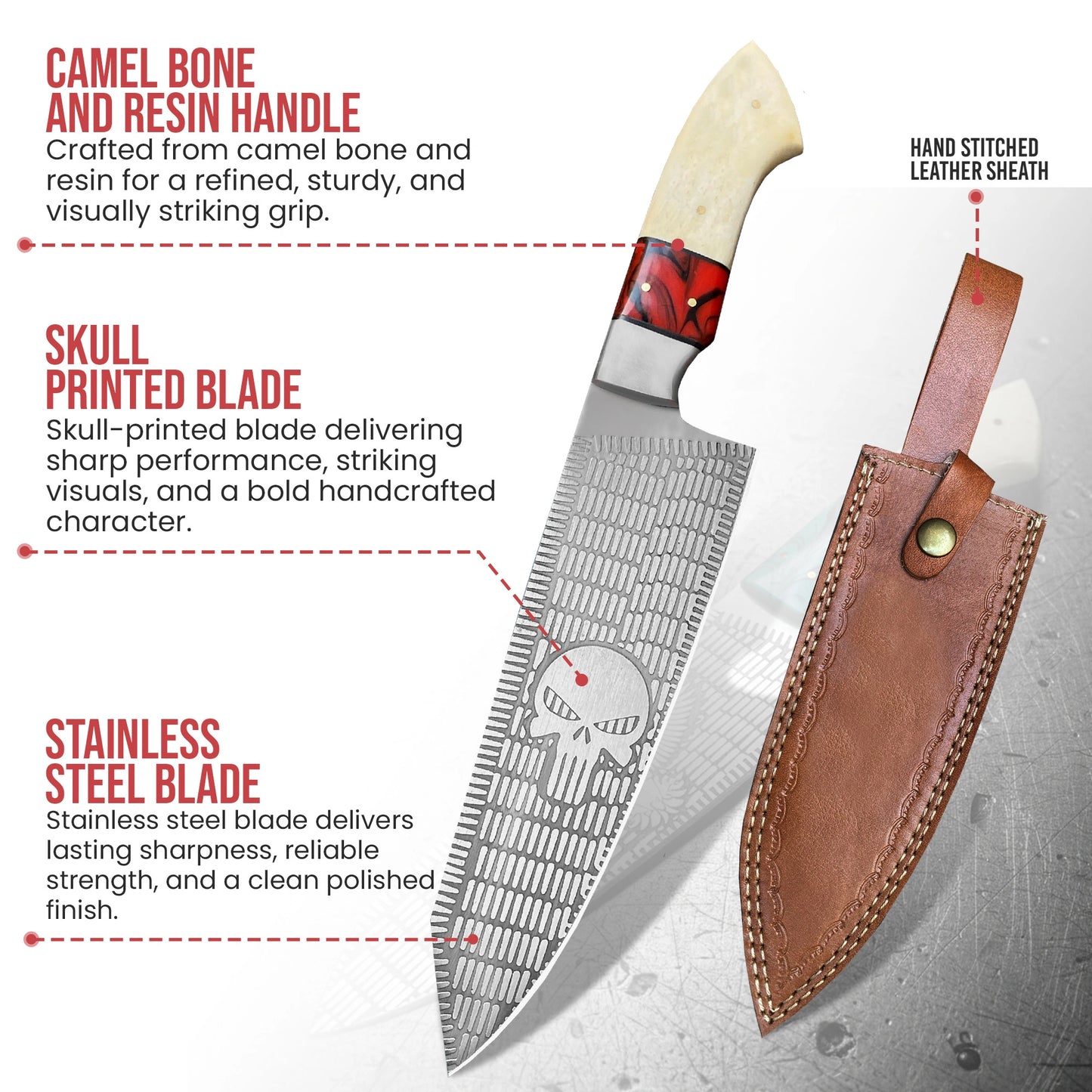Stainless Steel Skull Chef Knife With Leather Sheath | CHEF-002