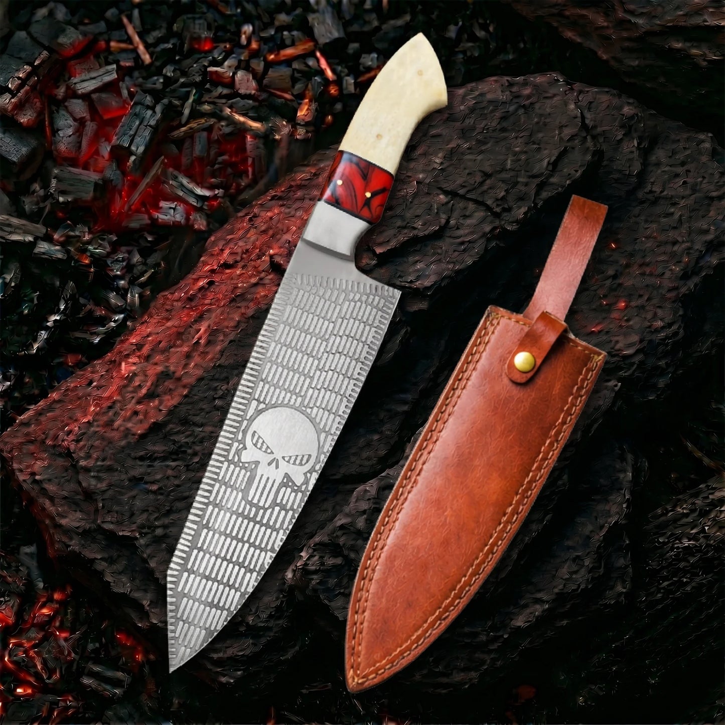 Stainless Steel Skull Chef Knife With Leather Sheath | CHEF-002