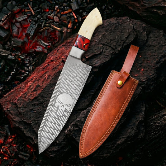 Stainless Steel Skull Chef Knife With Leather Sheath | CHEF-002