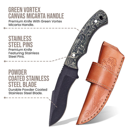 6.5′ Handmade Black Coated Stainless Steel Green Vortex Canvas Micarta Handle Knife with Leather Sheath | CK-001-GN