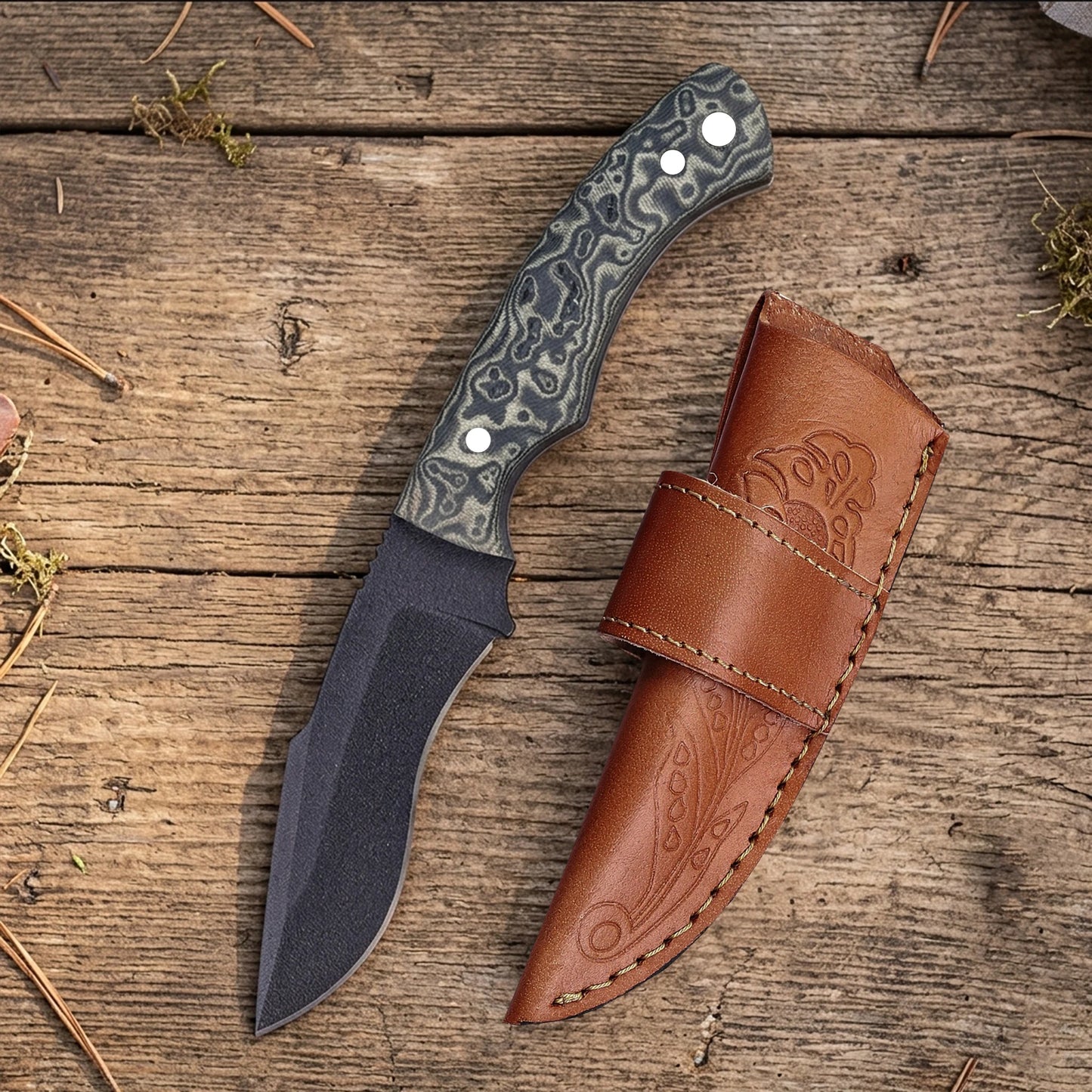 6.5′ Handmade Black Coated Stainless Steel Green Vortex Canvas Micarta Handle Knife with Leather Sheath | CK-001-GN