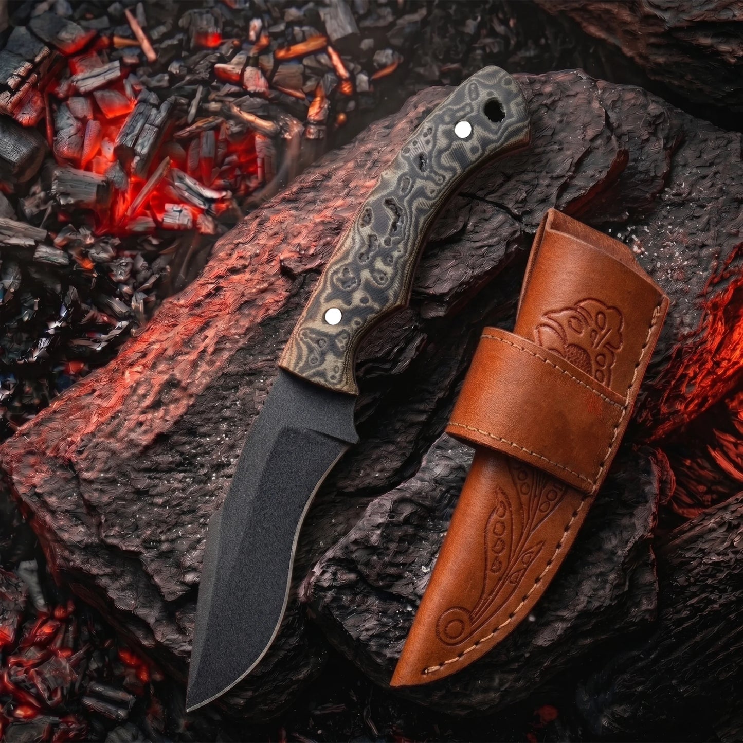 6.5′ Handmade Black Coated Stainless Steel Green Vortex Canvas Micarta Handle Knife with Leather Sheath | CK-001-GN