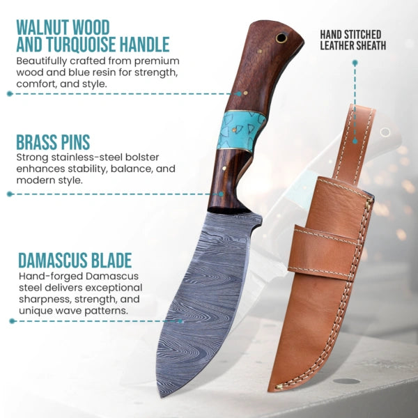 8.5′ Handmade Damascus Walnut Wood & Turquoise Handle Knife with Leather Sheath | CWR-001