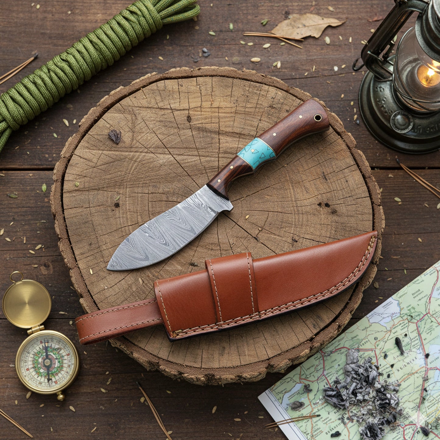 8.5′ Handmade Damascus Walnut Wood & Turquoise Handle Knife with Leather Sheath | CWR-001