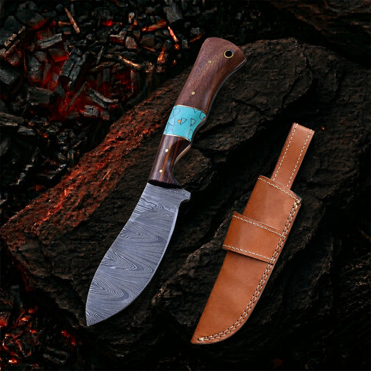 8.5′ Handmade Damascus Walnut Wood & Turquoise Handle Knife with Leather Sheath | CWR-001