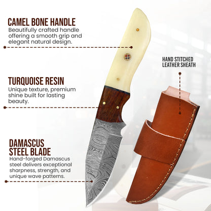 8′ Handmade Damascus Steel Hunting Knife with Leather Sheath | DM-0003