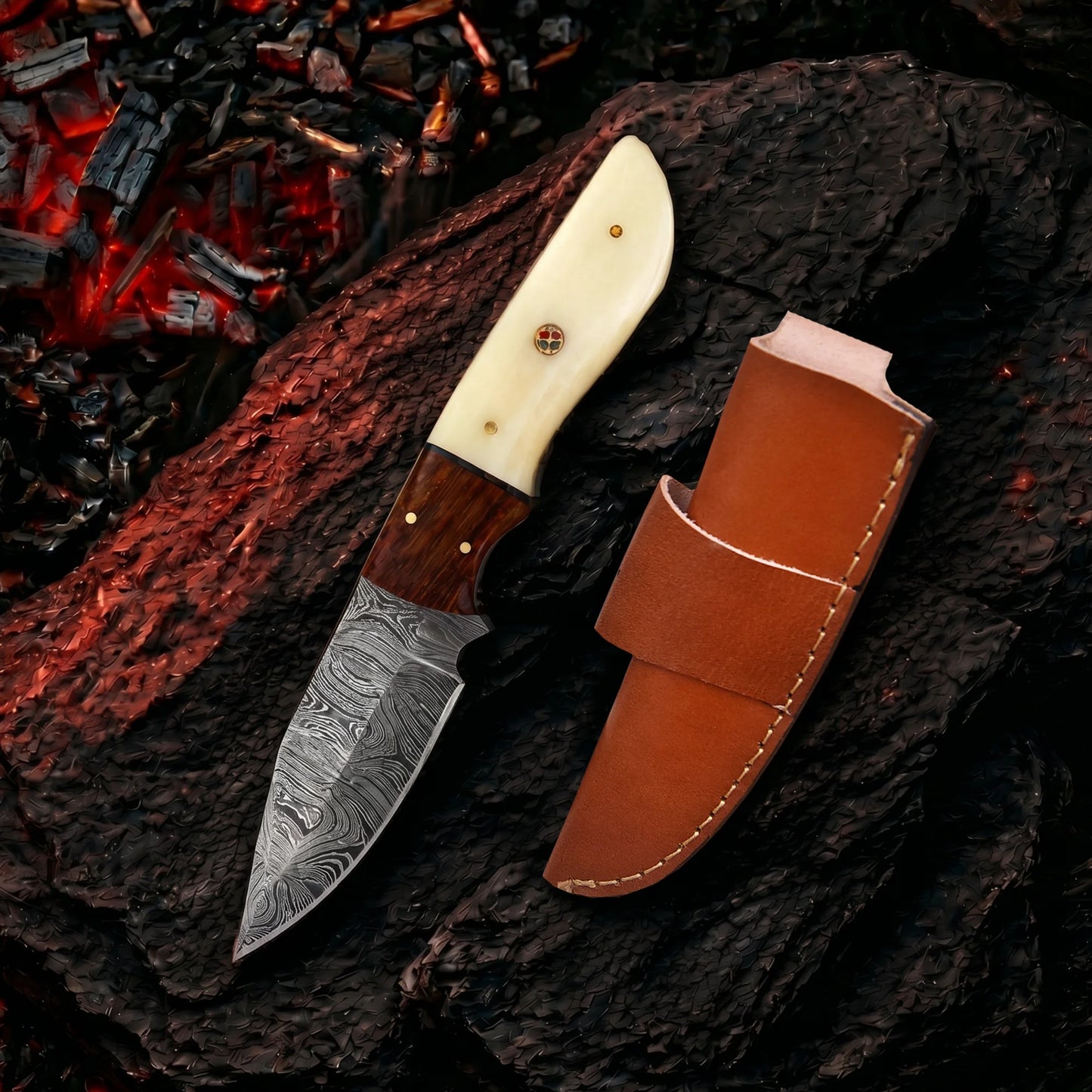 8′ Handmade Damascus Steel Hunting Knife with Leather Sheath | DM-0003
