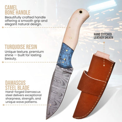 8′ Handmade Damascus Steel Bone Handle Knife with Leather Sheath | DM-004-BB