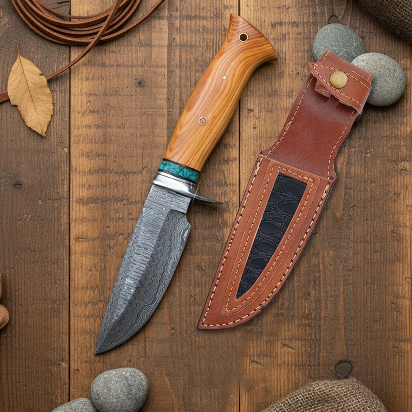 10′ Handmade Damascus Steel Knife with Leather Sheath | DM-005-OR