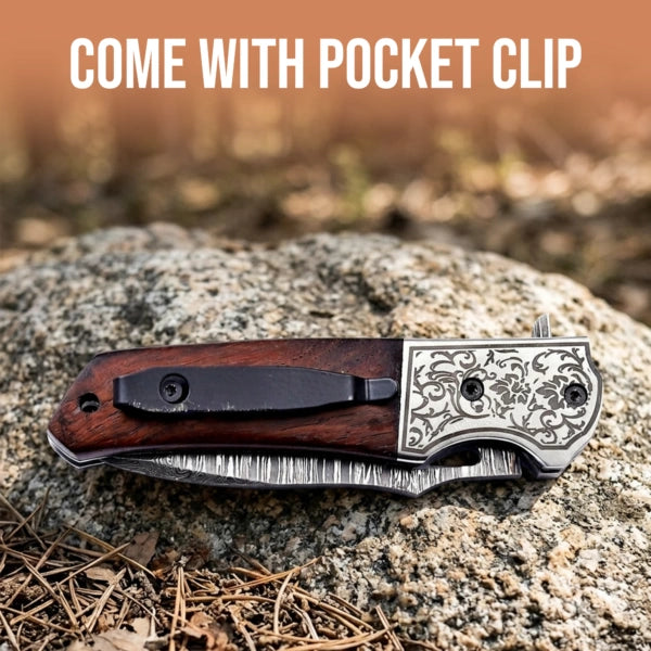 7.5′ Handmade Damascus Steel Pocket Knife with Leather Sheath Walnut Wood Handle & Engraved Steel Bolster | FL-001-WD