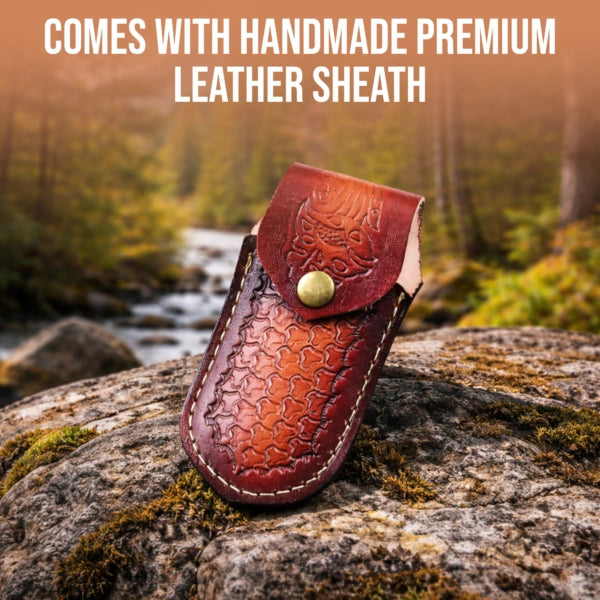 7.5′ Handmade Damascus Steel Pocket Knife with Leather Sheath Walnut Wood Handle & Engraved Steel Bolster | FL-001-WD