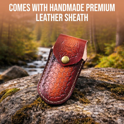 7.5′ Handmade Damascus Steel Pocket Knife with Leather Sheath Walnut Wood Handle & Engraved Steel Bolster | FL-001-WD